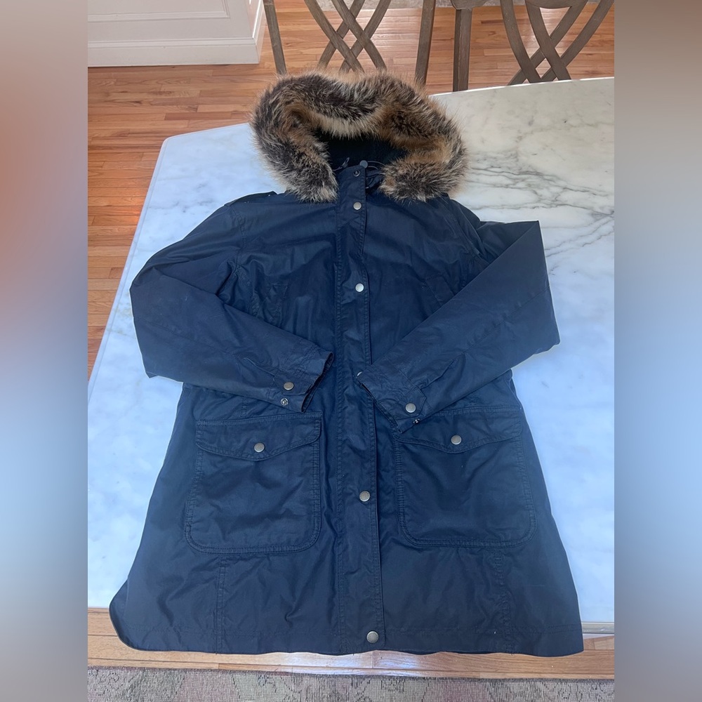 Barbour navy waxed shearling lined women’s parka